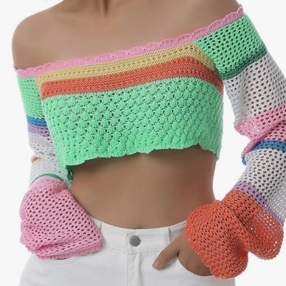 COLOR BLOCK CROPPED CROCHET SWEATER SIZE SMALL - Picture 8 of 9